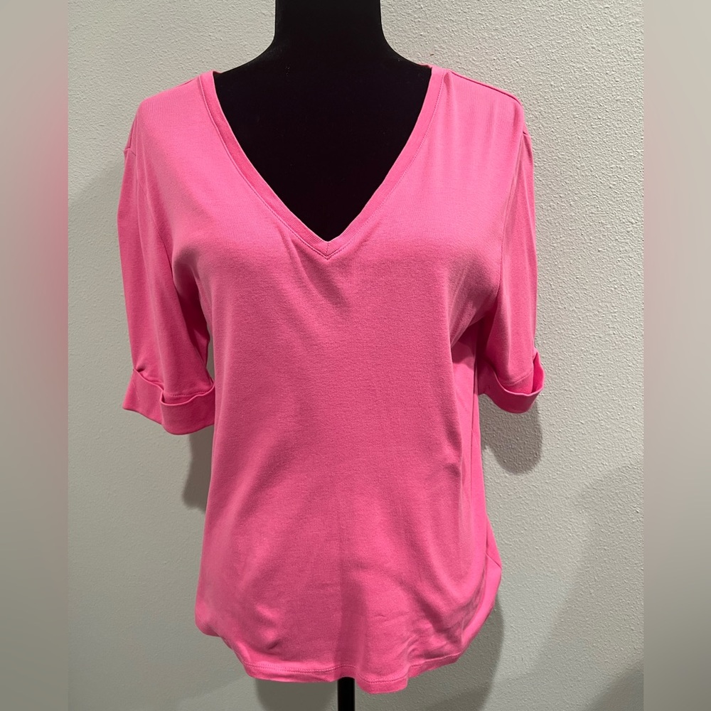 Women’s LAUREN by Ralph Lauren Pink Cuffed short sleeve blouse/tee, Size XL.